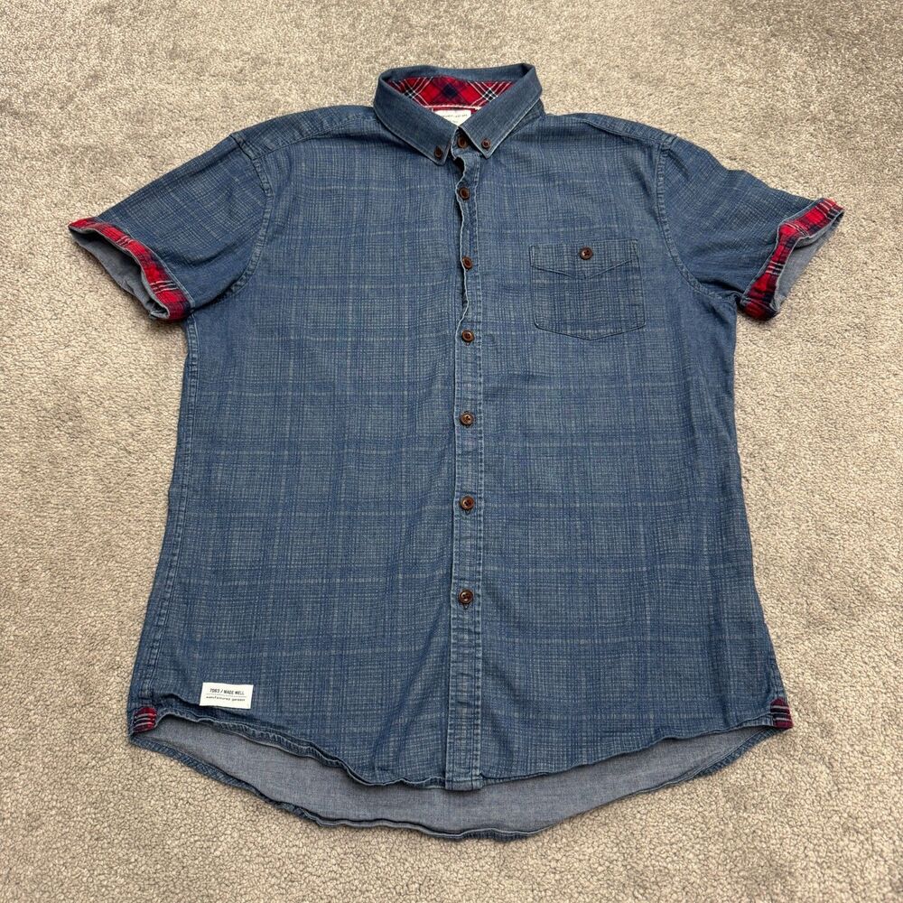 7 Diamonds Wildest Dreams Chambray Button Down Shirt Mens Medium Blue Red Plaid